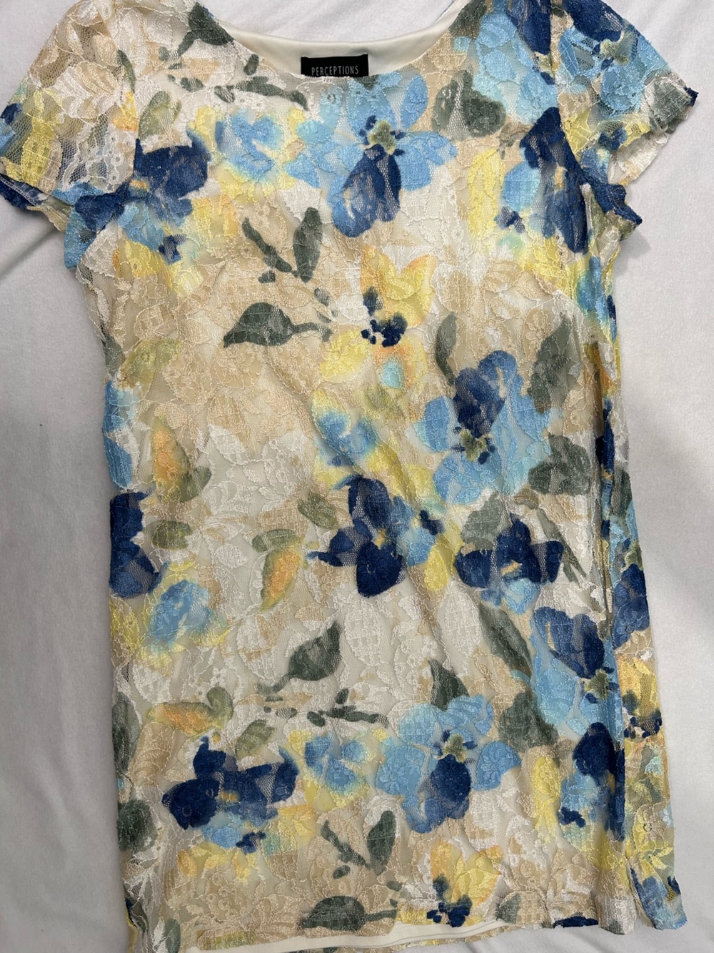 Perceptions Floral Lace Dress in Blue, Yellow & Cream